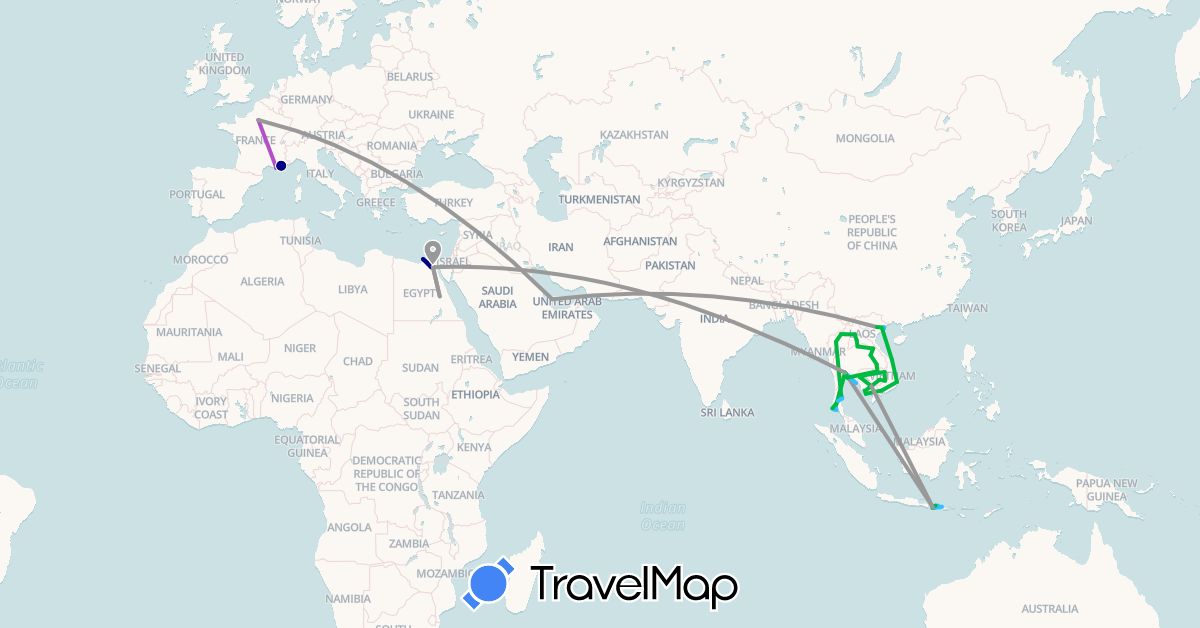TravelMap itinerary: driving, bus, plane, train, boat in Egypt, France, Indonesia, Cambodia, Laos, Qatar, Thailand, Vietnam (Africa, Asia, Europe)